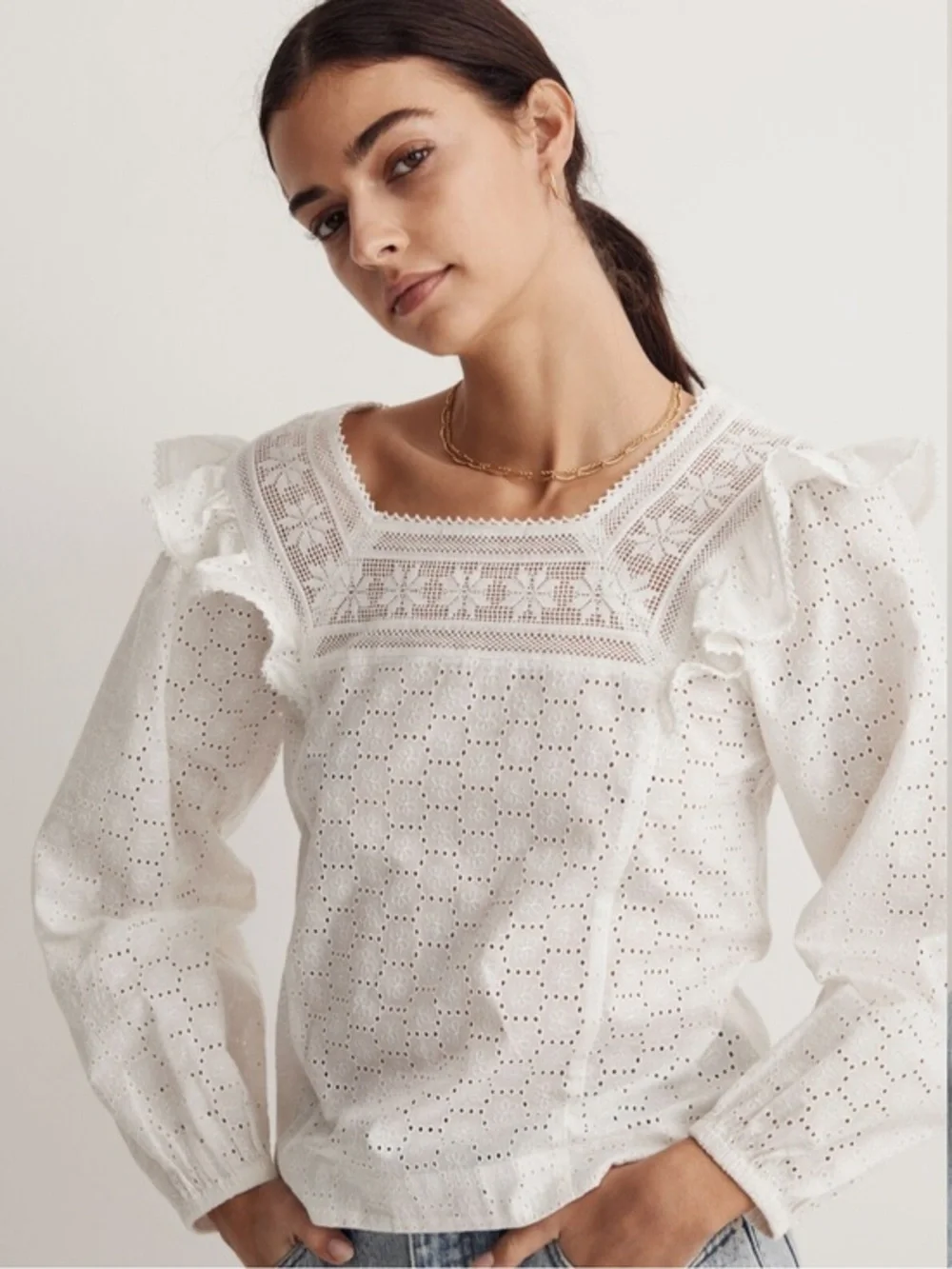 Madewell White Eyelet Square-Neck Ruffle-Sleeve Blouse Top size L